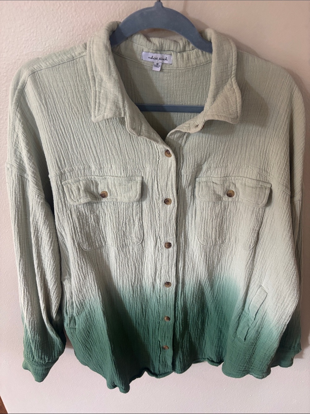 White Birch Sage Ombre Button-Up Shirt, light weight gauze material. Size M